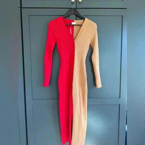 dee elly • red/tan color block midi sweater dress w/red buttons NWOT • M